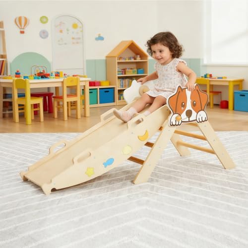 Takywep Pikler Triangle Set, 7-in-1 Foldable Pikler Triangle Climbing Toys Set with Arch & Ramp & Ladder, Indoor Playground Gym, Wooden Montessor Climbing Set for Kids Toddler - color: Brown-dog
