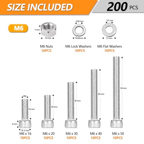 200 PCS M6 Screws Assortment Kit, Hex Socket Head Screws Nuts Bolts and Washers Set, 304 Stainless Steel Metric Machine Screws,16/20/30/40/45/50mm Metric Hex Head Socket Cap Bolt & Nut Assortment - size: M6 - 200PCS