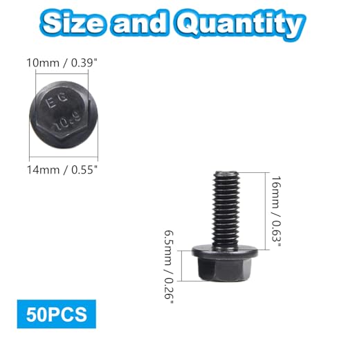 M6-1.0 x 16mm Flanged Hex Head Bolts Flange Hexagon Screws, External Flange Hex Drive Screws,Class 10.9 Black Finish,Alloy Steel, Fully Threaded, 50 PCS - size: M6x16mm