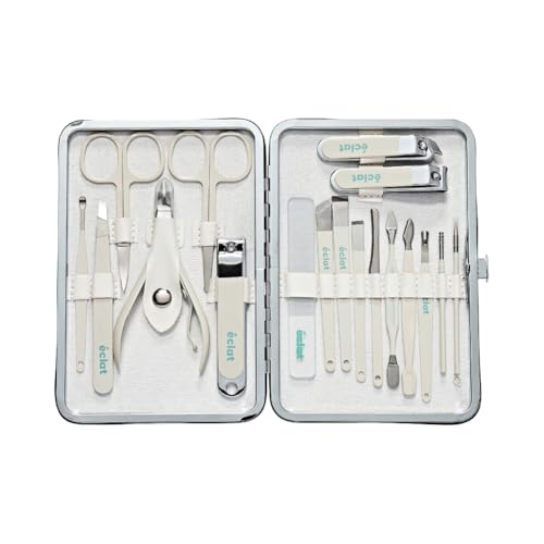 Éclat Manicure Pedicure Kit for Men & Women, 18Pcs Finger & Toe Nail Care Tools Includes Nail Clipper Cutter, Tweezer, File, Cuticle Pusher, Personal Care Professional Grooming Set With Travel Case - color: Large Mani+pedi Set (18pc Cream)