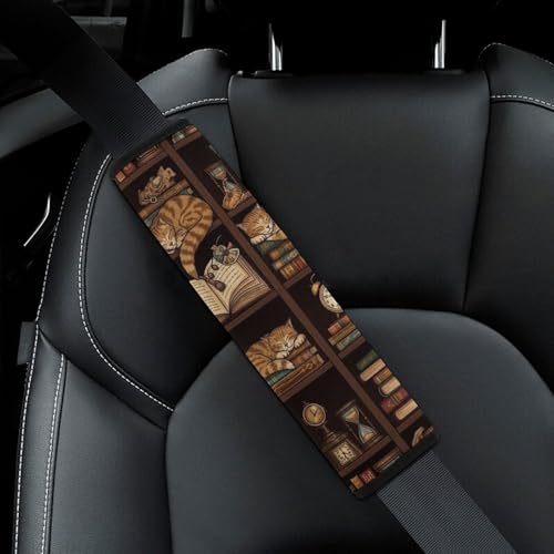2 Pack Cat Book Lovers Gifts Car Seat Belt Pad Universal Soft and Comfortable Harness Pads Strap for Adult Use, Most Cars, Easy Install (No Tool) - color: Pattern 1003