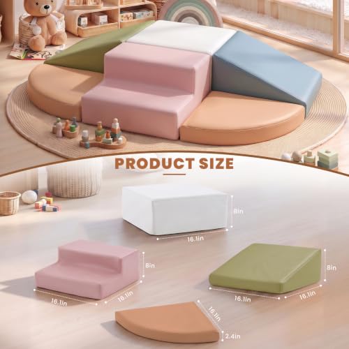 Hoohtoot Soft Foam Climbing Blocks for Toddlers: 6-Piece Macaron Color Play Set - Indoor PU Leather Climbing Toys - Baby Crawling and Activity Gym - style: Ivory/Pink