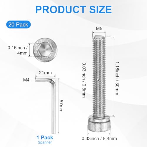 M METERXITY 20-Pack M5 x 30mm Socket Head Cap Screws, 304 Stainless Steel Hex Machine Bolts, Allen Socket Drive Screw with Hex Wrench for Repair/DIY, Fully Threaded Fasteners Kit [Silver] - size: M5 x 30mm