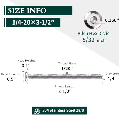 1/4-20 x 3-1/2" Hex Socket Head Cap Screws, 304 Stainless Steel 18-8, Chamfered Countersunk Machine Screws for Furniture, Binding, Machinery, Automotive, DIY Projects, 25 PCS - size: 1/4-20 x 3-1/2"