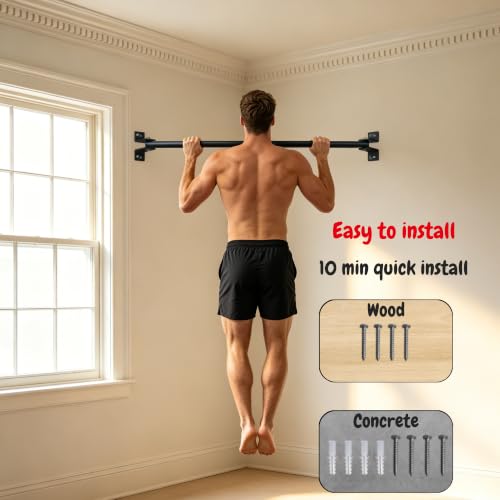 48'' Joist Mounted Pull Up Bar with Gym Rings Wall Studs Mount Chin Up Bar for Ceiling, Beams, Doorway & Corner Mount Heavy Duty Pull-up Grips for Home Gym Strength Training – Patent Pending