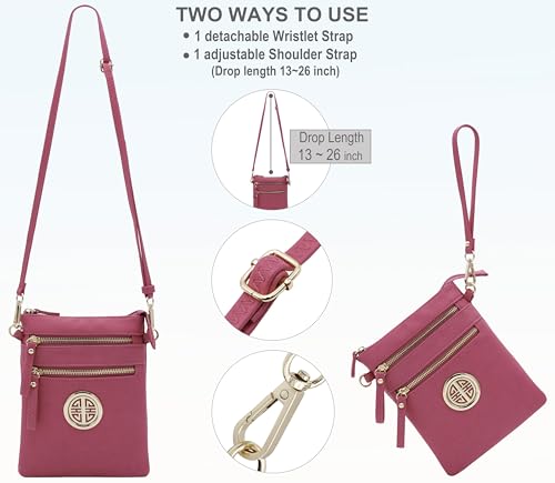 Solene Small Multi Zipper Pockets Crossbody Bag with Detachable Wristlet - color: Fuchsia