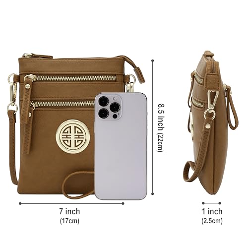 Solene Small Multi Zipper Pockets Crossbody Bag with Detachable Wristlet - color: Tan