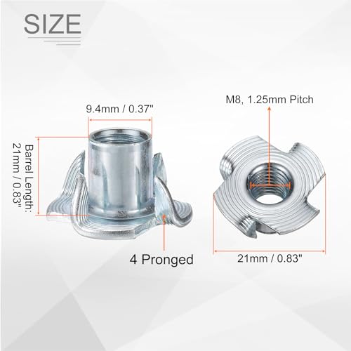 HARFINGTON M8x12mm T-Nuts 4 Pronged Tee Nut 0.83" x 0.47" Fully Thread Carbon Steel Inserts for Wood, Rock Climbing Holds, Cabinetry, Furniture 100pcs - size: M8x12mm, 21mm