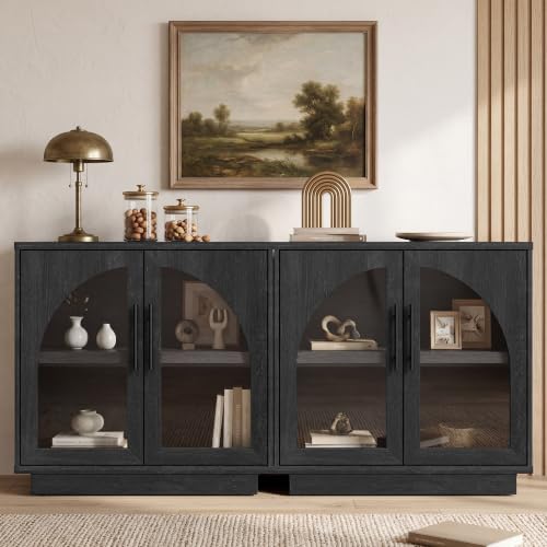 Fatmok Arched Glass Sideboard Buffet Accent Cabinet, 31.5" Display Credenza with Adjustable Shelf,1-Piece Modular Coffee Station Storage for Kitchen Living Room Bedroom, Black Grey - color: D-black Grey
