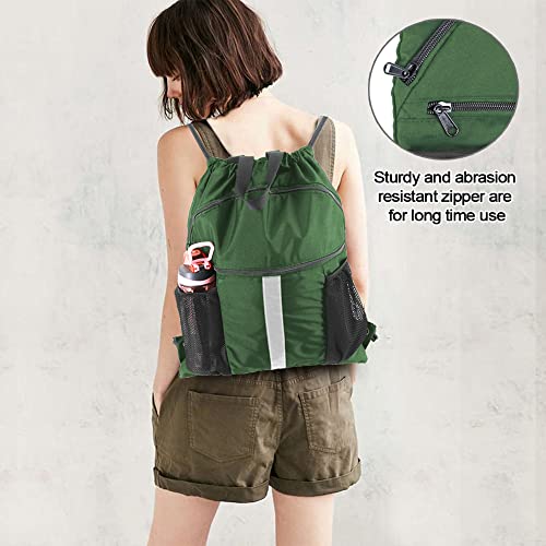 BeeGreen Drawstring Backpack Bag with Shoe Compartment, X-Large Black Gym Sports String Cinch Backpack - color: Dark Green