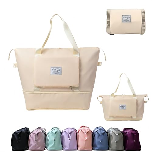 Large Capacity Foldable Travel Bag, Expandable lightweight Carry on Bag, Dry with Wet Separation Spor Duffel Bags (off white) - color: off white