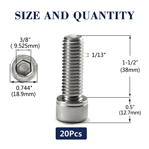 1/2-13 x 1-1/2" Socket Head Cap Screws Bolts, 20Pcs 304 Stainless Steel 18-8, Allen Socket Hex Drive, Full Thread, Bright Finish by SG TZH(with Hex Spanner) - size: 1/2-13 x 1-1/2"