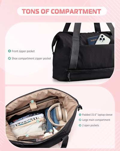 Smasrob Travel Duffle Bag with Shoe Compartment and Laptop Sleeve for Women, Lightweight Weekender Duffel Bag for Travel, Gym, Hospital Labor Delivery, Black - color: Black