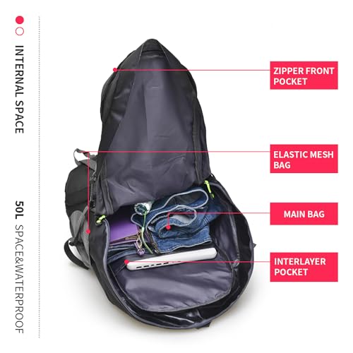 Bseash 50L Hiking Backpack, Water Resistant Lightweight Outdoor Sport Daypack Travel Bag for Camping Climbing Skiing Cycling (Black - No Shoe Compartment) - color: Black - No Shoe Compartment