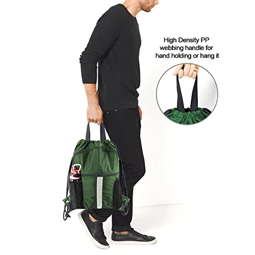 BeeGreen Drawstring Backpack Bag with Shoe Compartment, X-Large Black Gym Sports String Cinch Backpack - color: Dark Green