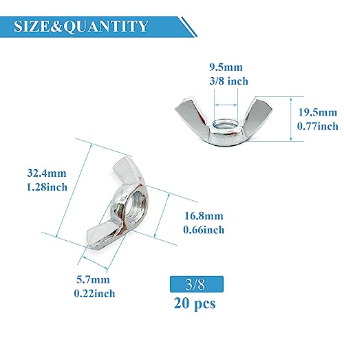 20 PCS 3/8-16 Inch Wingnuts, Quality Carbon Steel Wing Nuts Zinc Plated Fasteners Parts Butterfly Nut, Hand Twist Tighten Hardware Nuts Butterfly Wing-Nut 3/8-16” Assorted Kit - size: 3/8"-16 - Carbon Steel - 20 Pcs