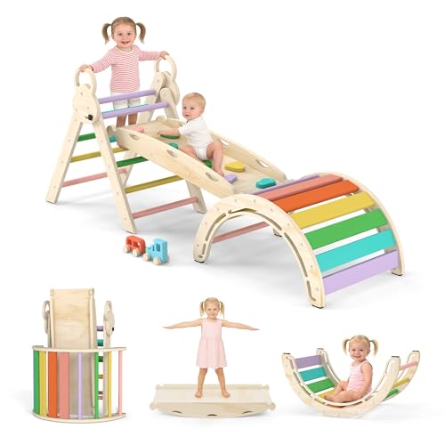 Pikler Triangle Set, 7-in-1 Foldable Toddler Climbing Toys, Indoor Playground for Kids, Montessori Climbing Set Gift, Wooden Baby Jungle Gym, for Toddlers 1-3 (Rainbow) - size: 7-in-1