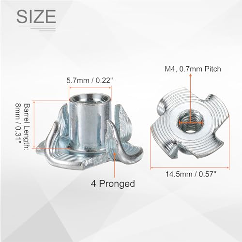 HARFINGTON M4x8mm T-Nuts 4 Pronged Tee Nut 0.57" x 0.31" Fully Thread Carbon Steel Inserts for Wood, Rock Climbing Holds, Cabinetry, Furniture 100pcs - size: M4x8mm, 14.5mm