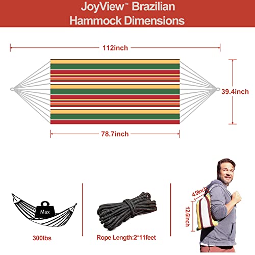 JoyView Brazilian Hammock for Single Person - Portable Cotton Hammock with Hanging Ropes & Carry Bag - 78.8x39.4' - 300LBS Capacity - Red & Green Stripes - color: Red & Green Stripes