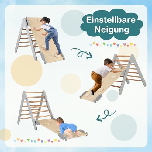 COSTWAY Climbing Triangle with Slide, Indoor Climbing Frame from 1 Year, Rung Triangle Climbing Ramp Made of Wood, for Climbing & Sliding (Grey)