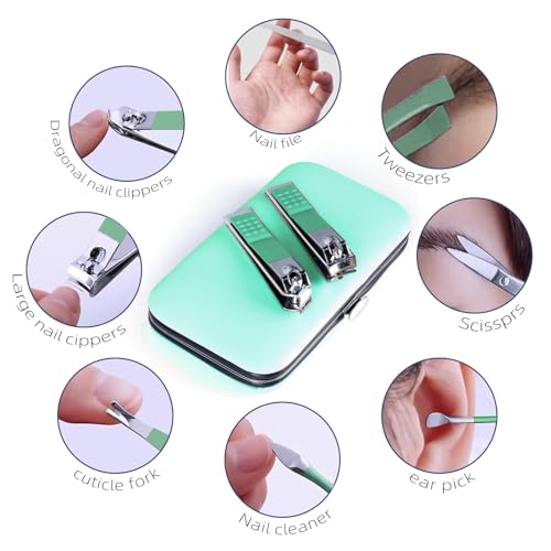 Manicure Set 8 in 1 Nail Clipper Set,RedFlow Nail Clippers,Fingernail & Toenail Clippers,Manicure Tools,Pedicure Tools,Suitable for Travel Manicure Kit,Nail Set Kit with Everything Profe (Green) - color: Green