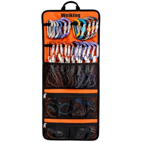 Climbing Quickdraw Hanging Storage Bag, Carabiner Hook Gear Equipment Parts Collections, Durable Foldable Bundled Roll Anti-scratch Bag, Small Tools Organizer Pouch, suit for Rock Climbing Ice Climb