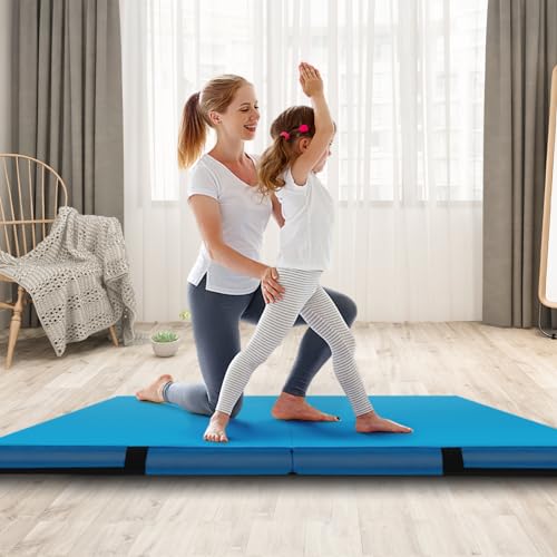 Goplus 4" Thick Folding Gymnastic Mat, Thickened Bi-Fold Fitness Mat with Carrying Handles & PU Leather Cover, Home Gym Tumbling Mat for Stretching, Pilates, Aerobics Workouts - color: Blue