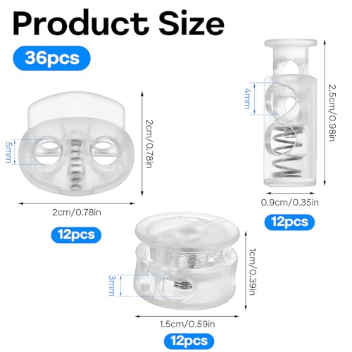 36PCS Spring Cord Lock, Plastic Cord Locks for Drawstrings Spring Toggle Stopper Cord Adjuster Shoelace Fastener Lock