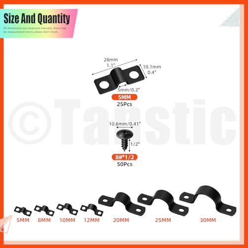 Tanstic 25Pcs Black Two Hole Pipe Strap, 3/16” Two Hole Strap U Bracket Rigid Pipe Strap Pipe Strap Clamp with Phillips Modified Truss Head Wood Screws for Fixing Pipe, Conduit, U Bracket - size: 3/16 Inch