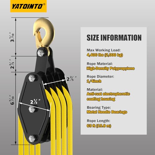 YATOINTO Rope Hoist Pulley System 4400LB, 65FT Pulley Block Tackle(Yellow) | 8:1 Ratio Lifting Power, Polypropylene Fiber Rope, Metal Bearing Structure, Black-coated Housing, Ideal for Towing Lifting - color: Yellow(Powder Coating)