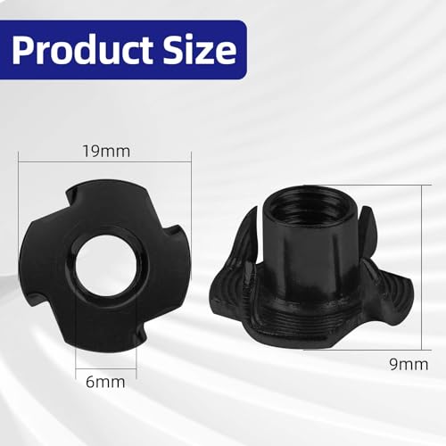 M6 T-Nuts Black Zinc Plated Steel, 4-Pronged Tee Nut for Wood, Rock Climbing Holds, Furniture, 100 PCS - color: Black Carbon Steel, size: M6