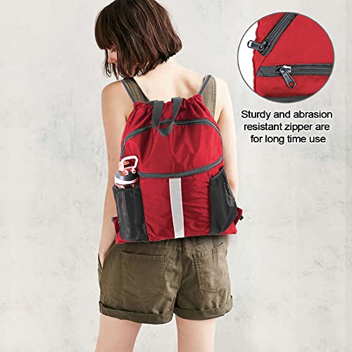 BeeGreen Drawstring Backpack Bag with Shoe Compartment, X-Large Black Gym Sports String Cinch Backpack - color: Red