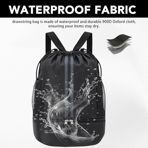 Drawstring Backpack Gym Bag, Waterproof String with Shoe Compartment, Black | 900D Oxford, Waterproof Divider, 2 Side Mesh Pockets, Adjustable Straps, 13 x 16.9 In, For Gym, Swim,Basketball,Beach