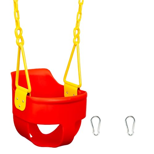 Premium High Back Full Bucket Toddler Swing Seat with Finger Grip, Plastic Coated Chains and Carabiners for Easy Install - Red - Squirrel Products - color: Red