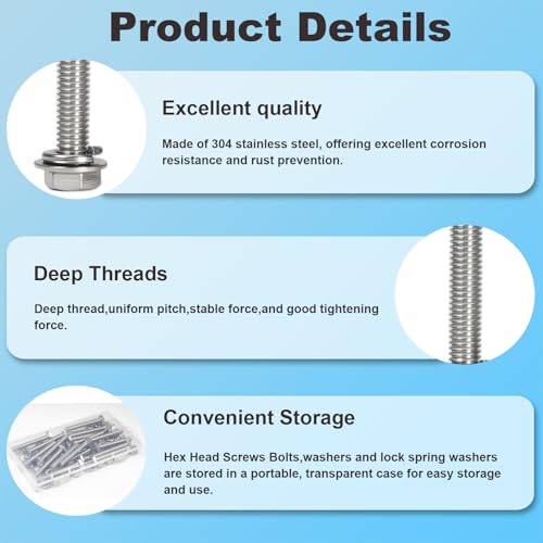MroMax 10 Sets 5/16-18 x 3" Hex Head Screw Bolt, Nuts, Flat Washer & Spring Lock Washers Kits,Fully Threaded, Stainless Steel 18-8（304）, Bright Finish - size: 5/16-18 x 3" (10 Sets)