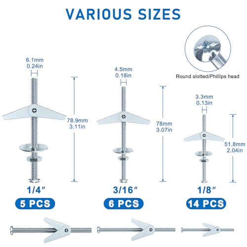 100 Pcs 3 Size Heavy Duty Metal Drywall Anchors Kit | 25 Sets Toggle Bolts and Wing Nuts Set for Hanging Lamps Heavy Items 1/8" 14 Sets, 3/16" 6 Sets, 1/4" 5 Sets - size: 3 Size Kit-100pcs(25sets)