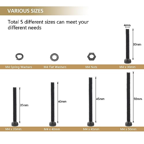 202 Pieces Black M4 x 30/35 /40/45 /50 mm Hex Socket Head Cap Screws Nuts Washers Assortment Kit, 12.9 Grade Alloy Steel - size: M4 x 30/35/40/45/50mm, style: Socket Head