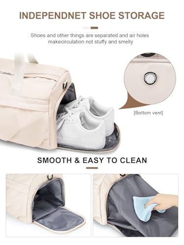 Gym Bag for Women Men with Shoe Compartment, Sport Duffel Bag, Waterproof Travel Weekender Overnight Carry on Bag for Yoga with Trolley Sleeve, Beige - color: A6-Beige
