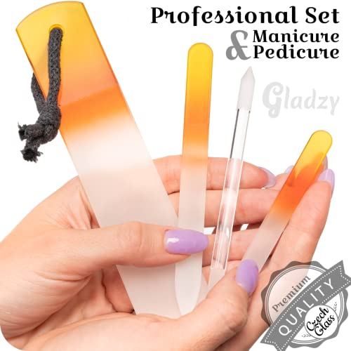 GLADZY Genuine Czech Glass Nail File Set - Callus Remover Foot Rasp, Cuticle Pusher Manicure Stick, Double Sided Etched Different Grit Surface, Professional Nail Care Tool, Made in EU - color: All-in-one Set - Yellow Orange