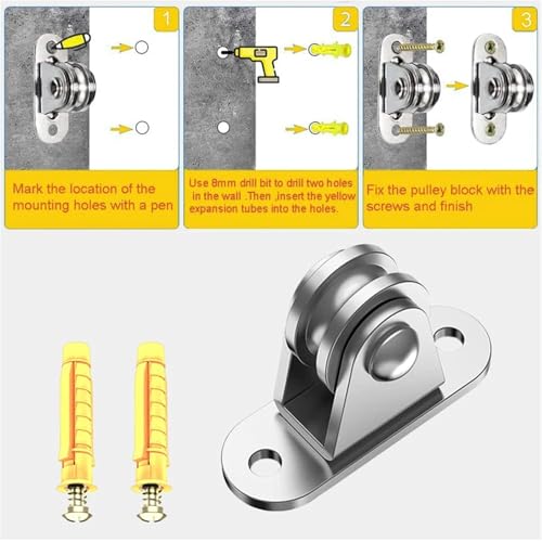 U Groove Stainless Steel Wall Pulley 2Pcs Heavy Duty Fixed Pulley Loading 176 Lb Pulley Block Kit Wall-Mounted Pulley for Cord Material Handling Moving/DIY Mount