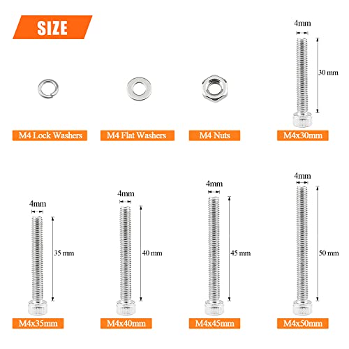 HELIFOUNER 200 Pieces M4 x 30mm /35mm /40mm /45mm /50mm, Hex Socket Head Cap Metric Screws Bolts Washers Nuts Kit, 304 Stainless Steel - size: M4 x 30/35/40/45/50mm