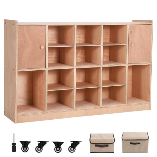 Garvee Mobile Storage Cabinet with 2 Cabinet Doors,Storage Cubby with 5 Anti-Flip Fittings, 4 Castors and 2 Boxes for Home,School,Kindergarten, Natural - size: 12 Cubbies with 2 doors