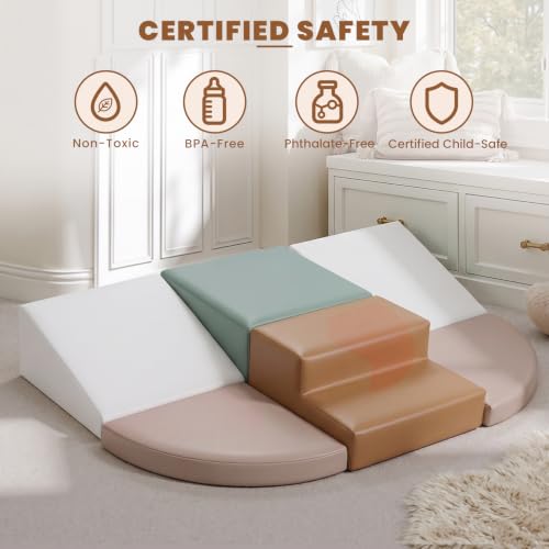 Hoohtoot Foam Climbing Blocks for Toddlers: 6-Piece Soft Play Set - PU Leather Climbing and Crawling Toys - Indoor Baby Learning Gym - Kids Play Structure for Preschool - style: Beige/Ivory