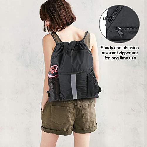 BeeGreen Drawstring Backpack Bag with Shoe Compartment, X-Large Black Gym Sports String Cinch Backpack - color: Black