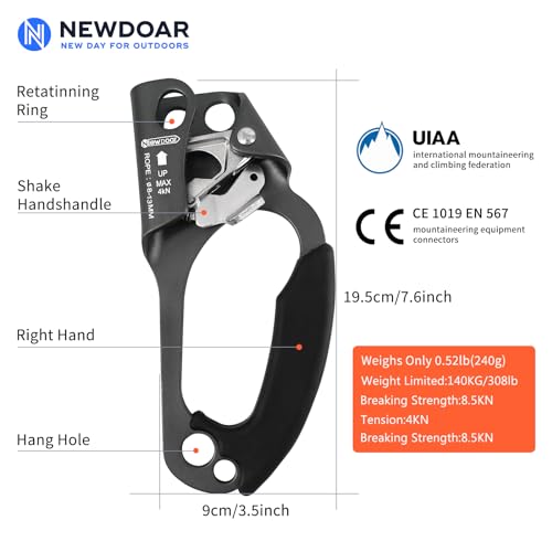 NewDoar UIAA & CE Certified Hand Ascender Rock Climbing Tree Arborist Rappelling Gear Equipment Rope Clamp for 8~13MM Rope - color: Grey-Right