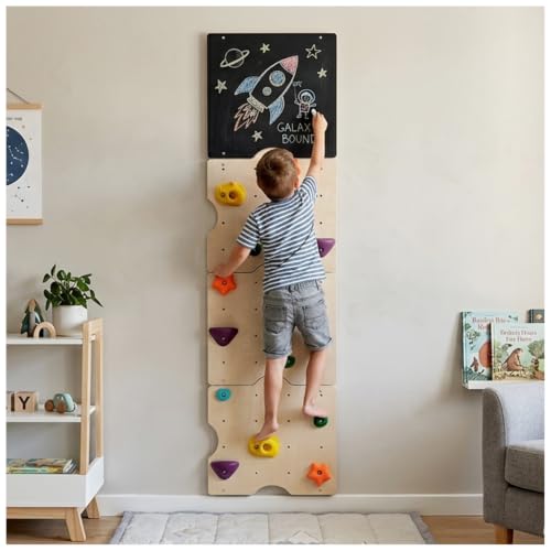 Wooden Rock Climbing Wall for Kids with 15 Rock Climbing Holds | Montessori Climbing Wall for Kids Indoor with Drawing Blackboard, Pre-Drilled Nuts, Home Gym Kids Playroom, Easy Assembly
