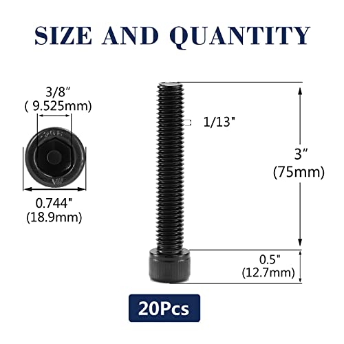 1/2-13 x 3 Socket Head Cap Screws Bolts, 20Pcs 304 Stainless Steel 18-8, Allen Socket Hex Drive, Full Thread, Black Oxide by SG TZH(with Hex Spanner) - size: 1/2-13 x 3"