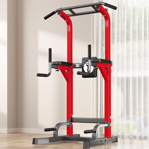 SogesPower Power Tower Pull Up Bar Station Multi-Function Dip Station | Adjustable Height Pull Up Dip Station Dip Bar Strength Training Fitness Equipment,Up to 500LBS - color: Red