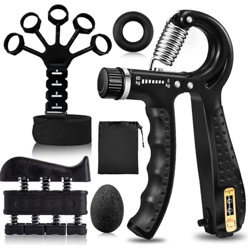 Hand Grip Strengthener Kit 5 Pack Adjustable Finger Forearm Hand Exerciser | Adjustable Grip Trainer, Finger Stretcher & Stress Ball Set for Strength Training & Hand Exercises