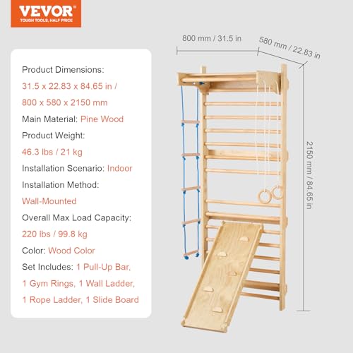 VEVOR Swedish Wall Gym, 15-Level 5 in 1 Wooden Indoor Jungle Gym, 220 lbs Load Capacity Playground Climbing Toys with Pull-Up Bar, Gymnastic Rings, Wall Ladder, Rope Ladder, and Slide Board - style: 15-Level 5 in 1